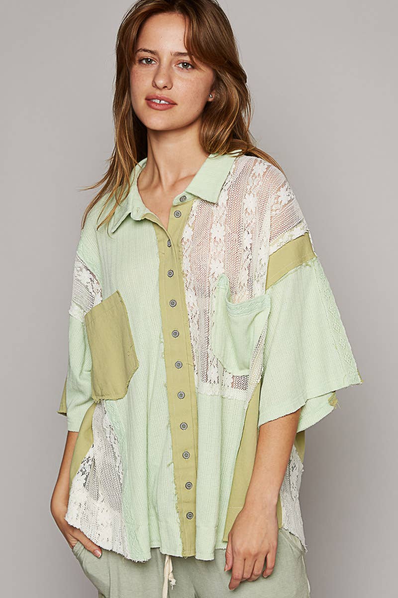 Short sleeve lace contrast button down