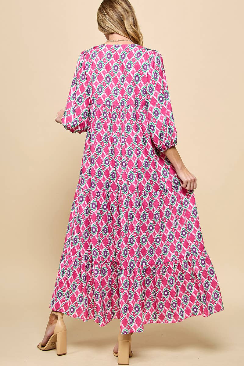 3/4 Lantern Sleeve Print Boho Maxi Dress