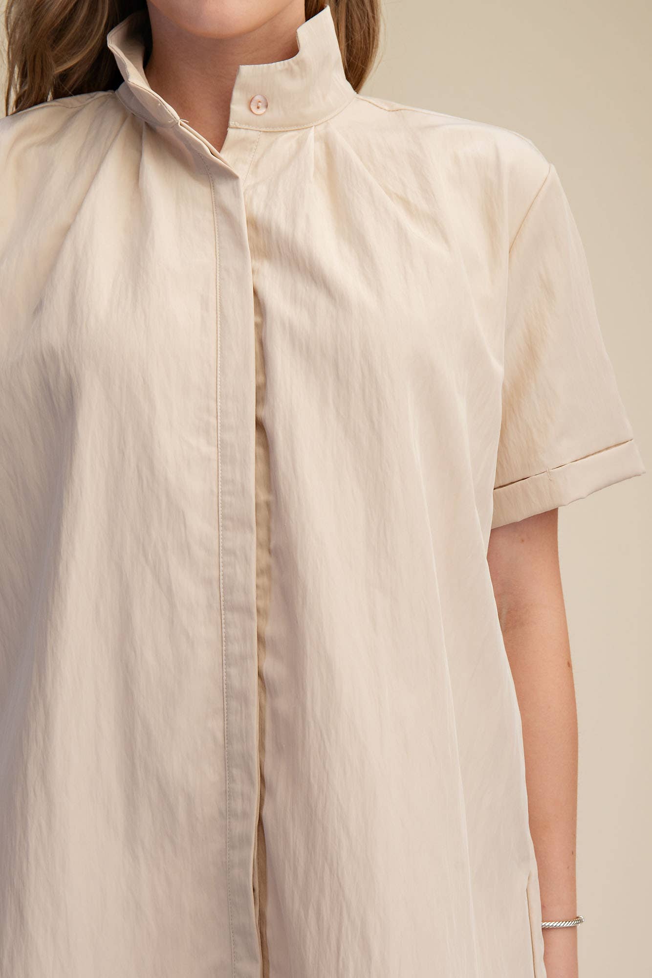Stand Collar Short Sleeves Button Down Shift Dress