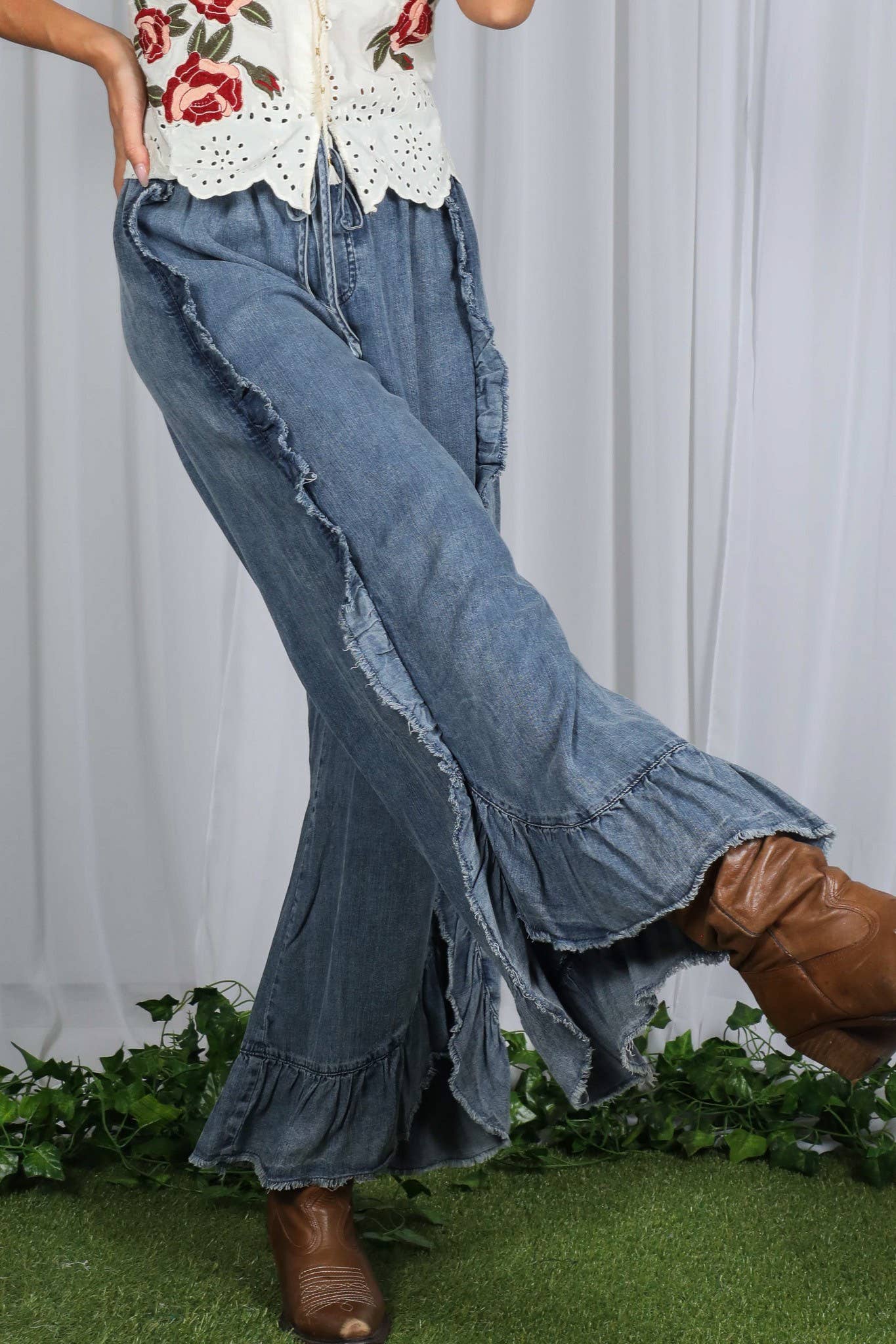 Flared Ruffle Hem Washed Chambray Crop Denim Pants
