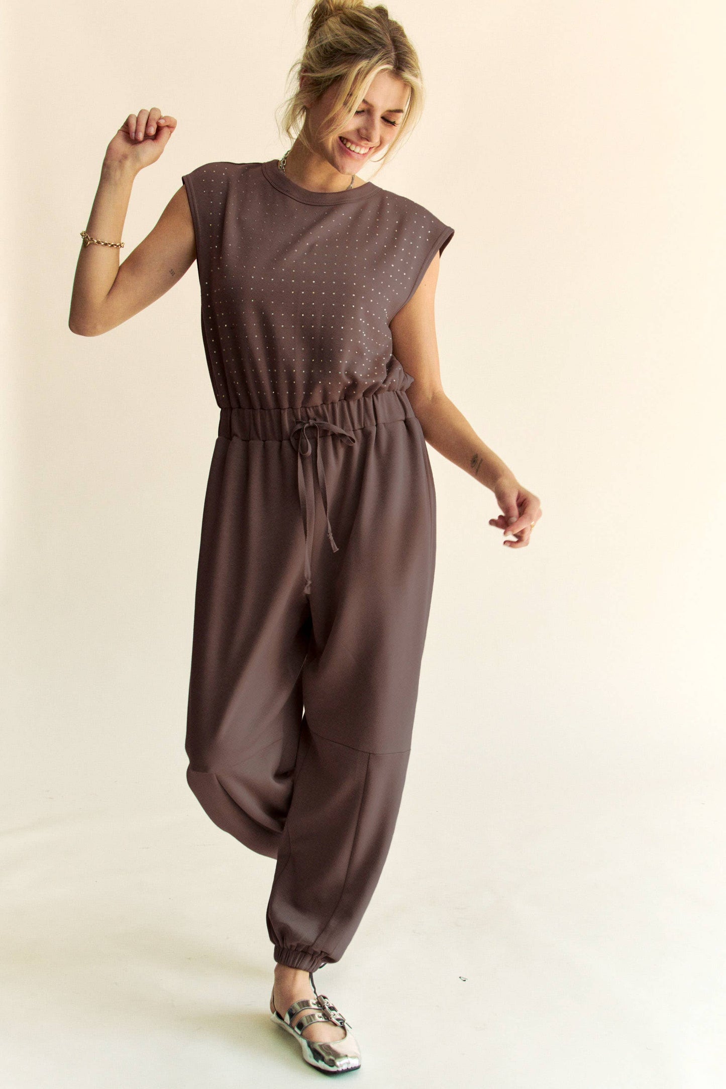 CREW NECK RHINESTONE TOP JOGGER JUMPSUIT