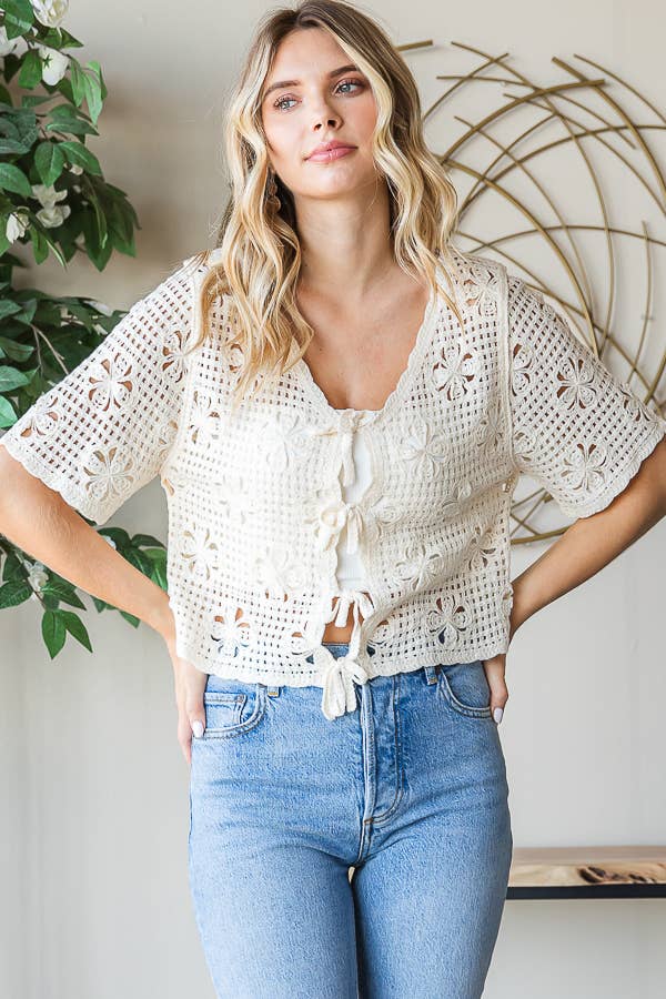 Knit Floral Tie Front Top