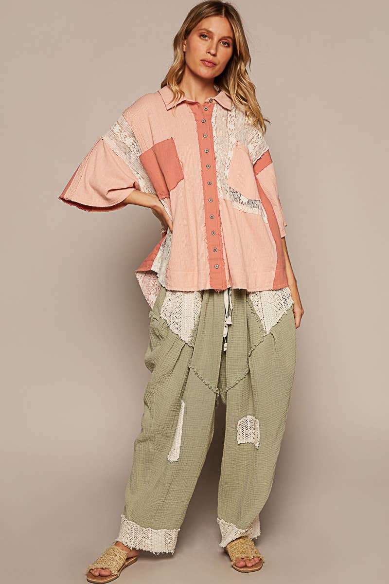Short sleeve lace contrast button down