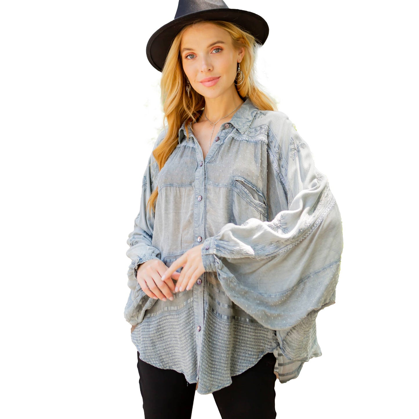 Embroidery Bishop Sleeves Loose Top