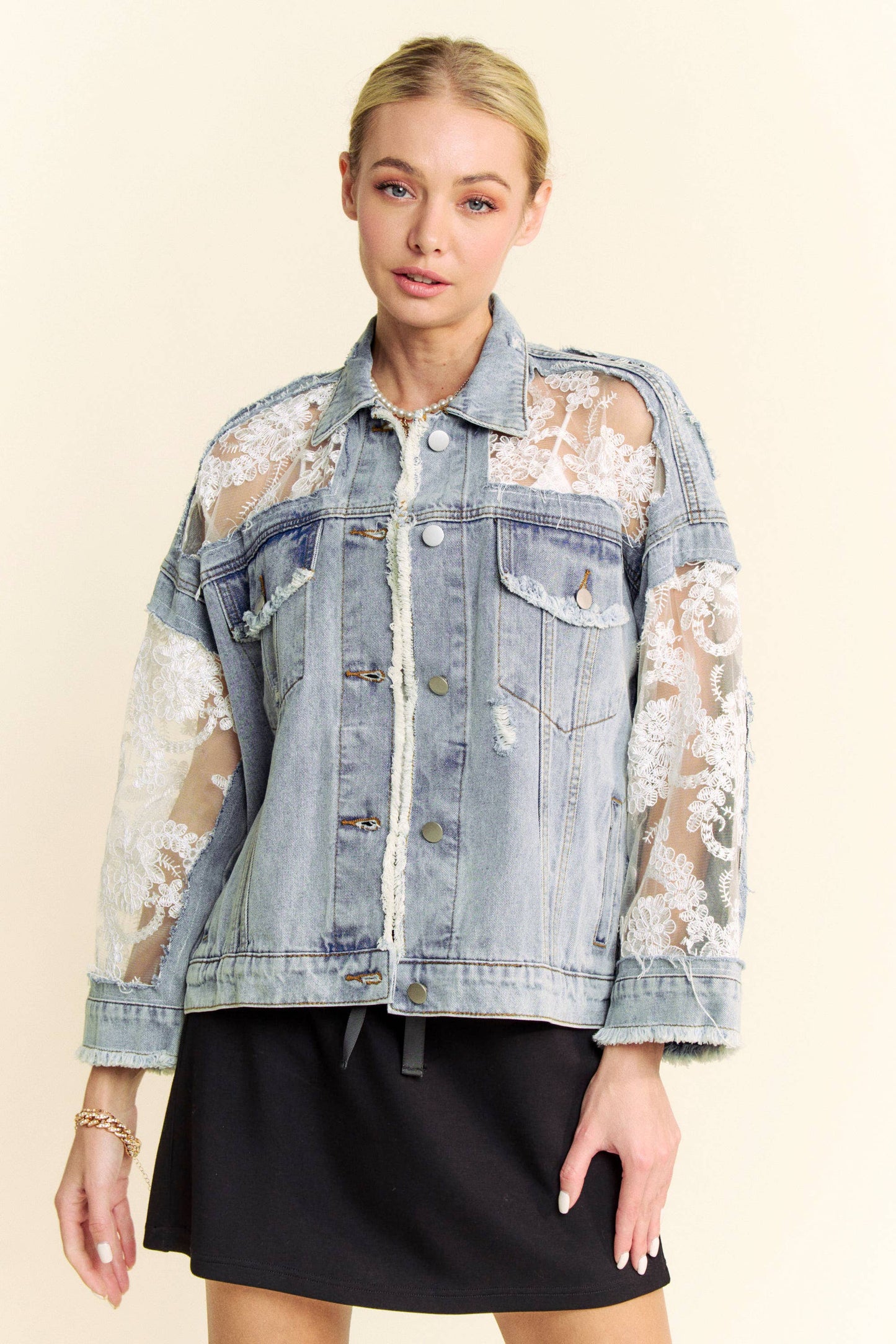 FLORAL EMBROIDERY LACE DISTRESSED DENIM JACKET