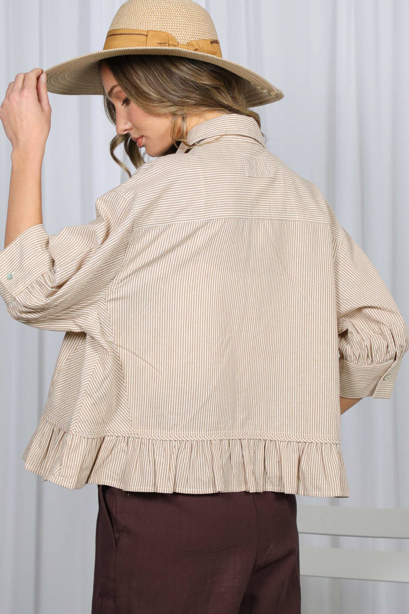 Pocket Detail Ruffle HemStriped Shirt