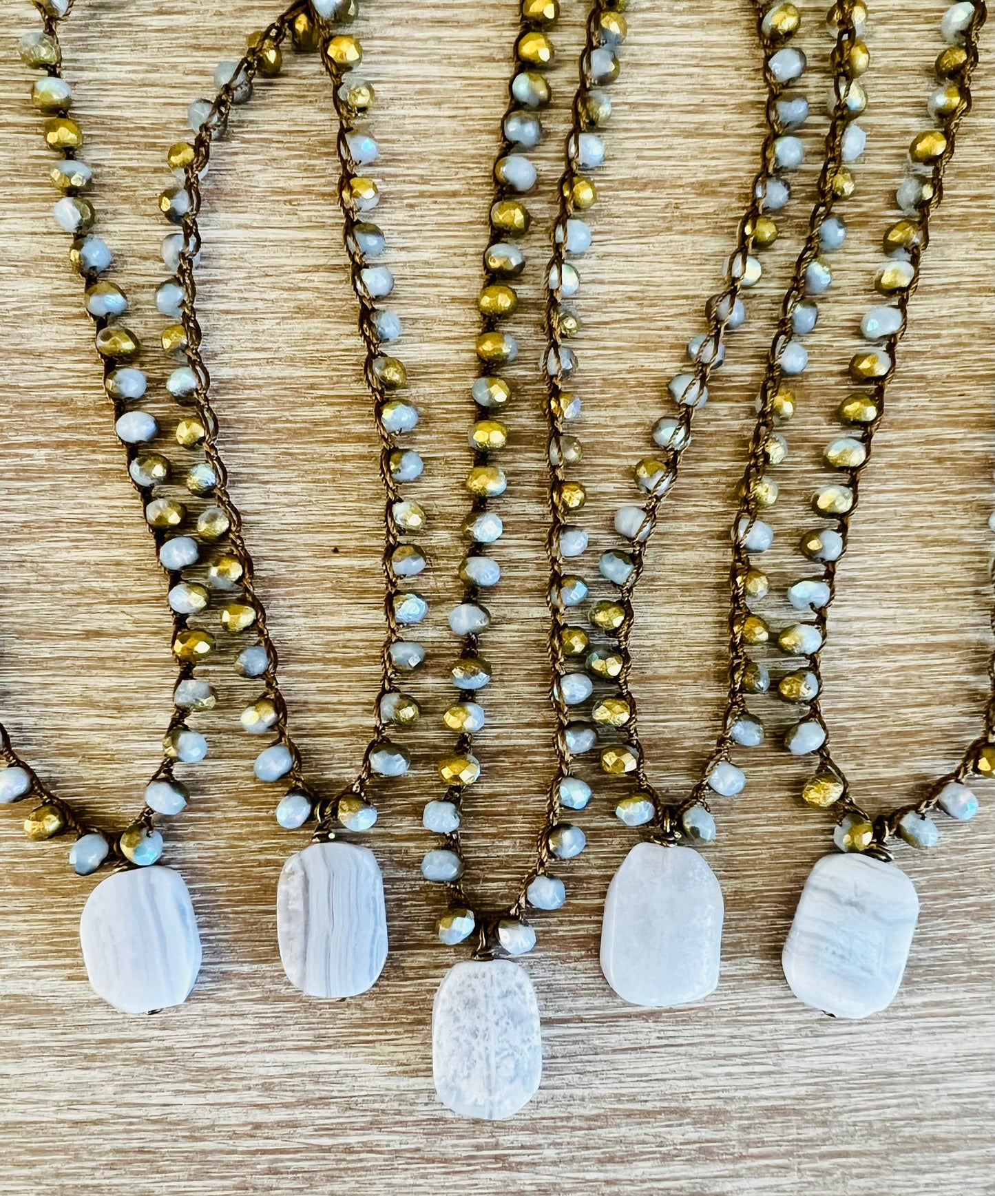 Blue Lace Agate Natural Stone Necklace With Autumn Gold