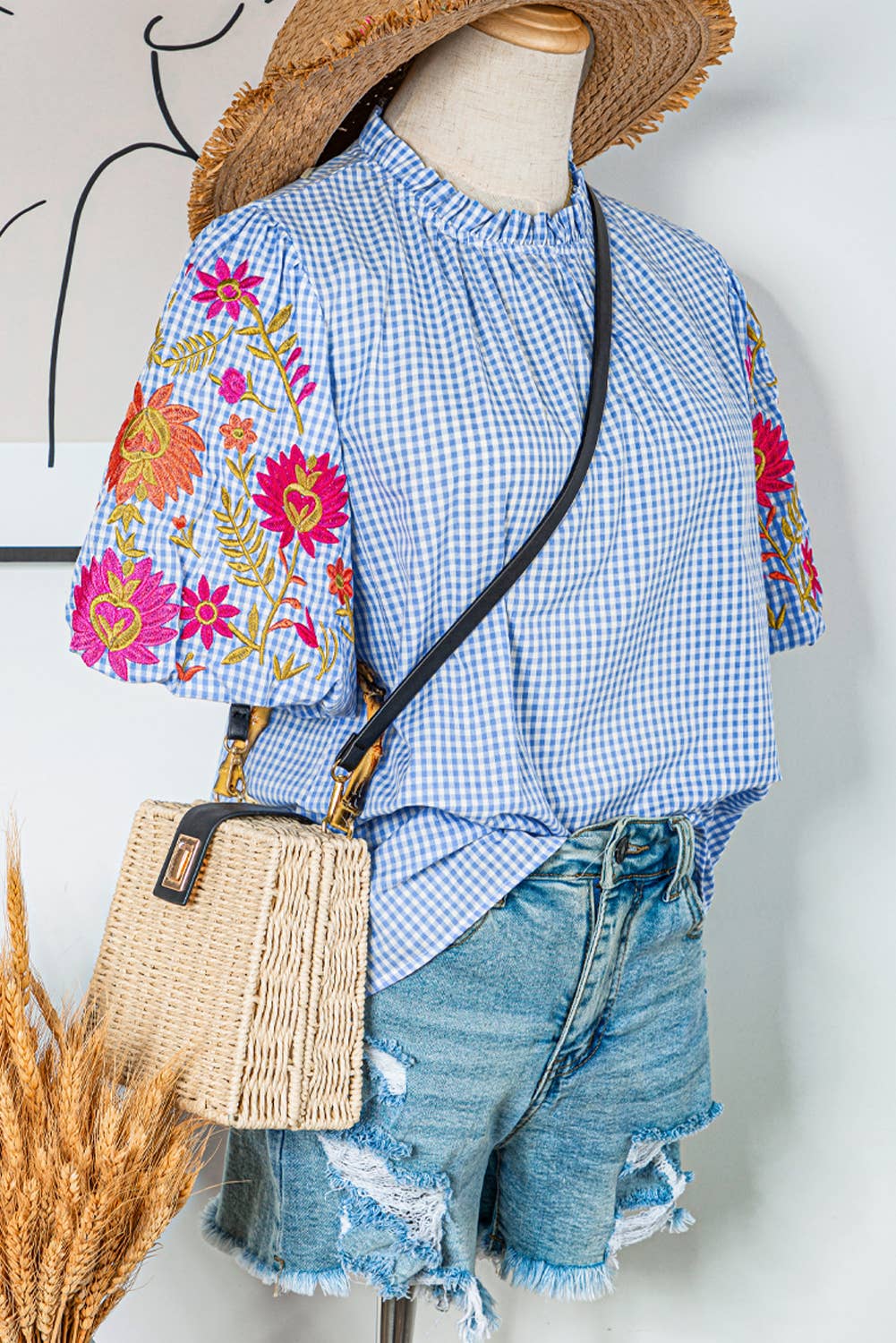 Gingham Floral Embroidered Puff Sleeve Blouse
