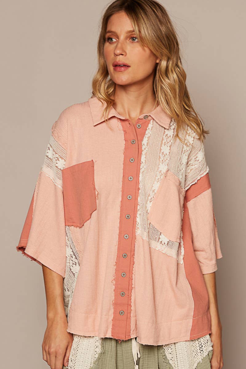Short sleeve lace contrast button down