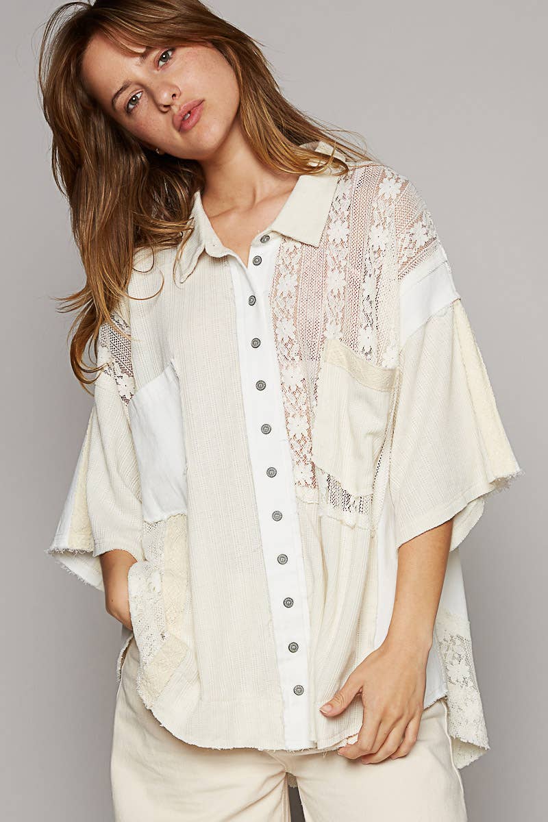 Short sleeve lace contrast button down