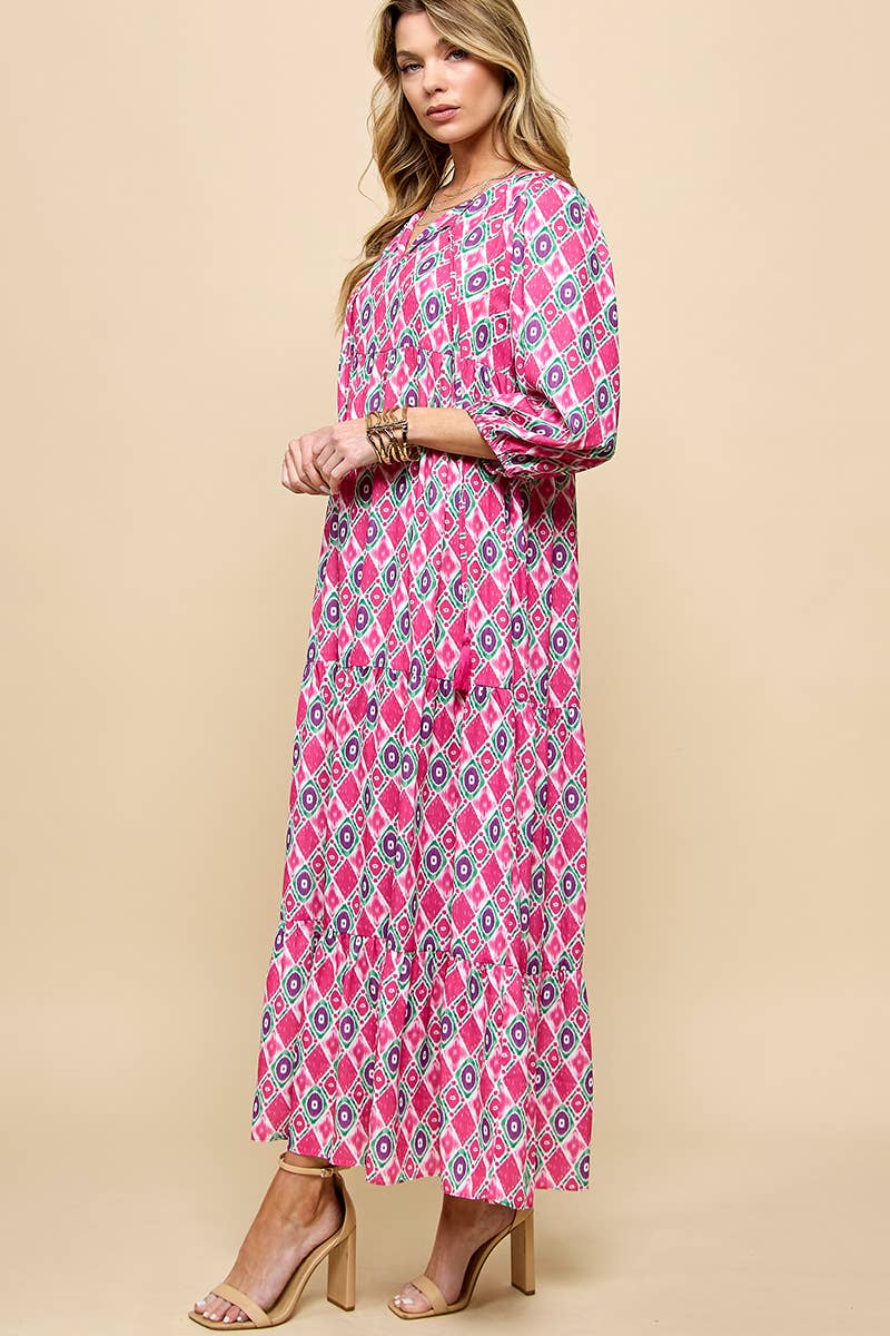 3/4 Lantern Sleeve Print Boho Maxi Dress