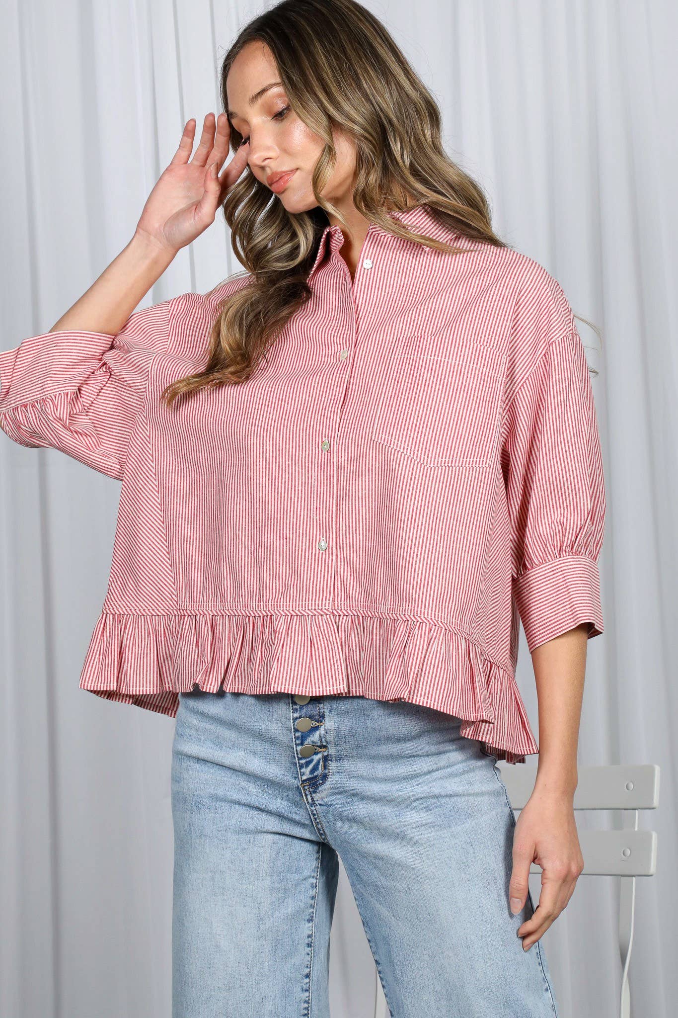 Pocket Detail Ruffle HemStriped Shirt