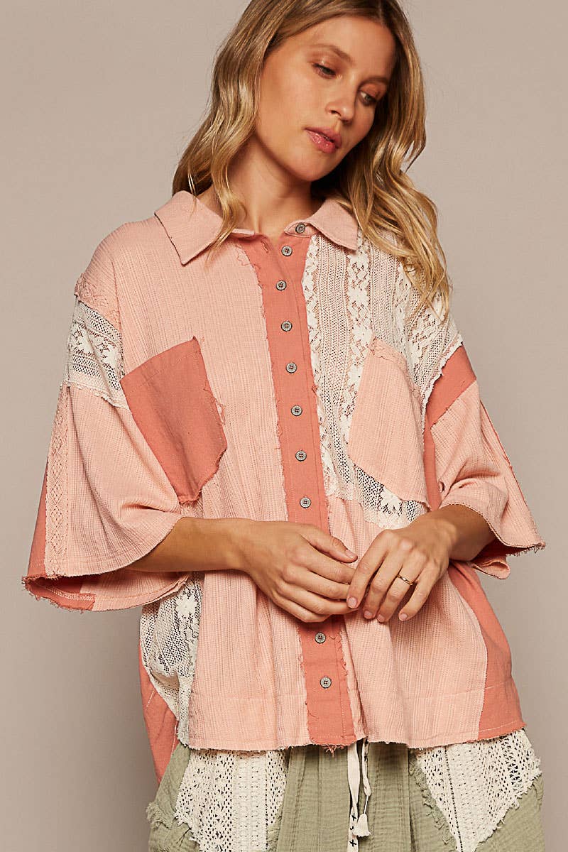 Short sleeve lace contrast button down