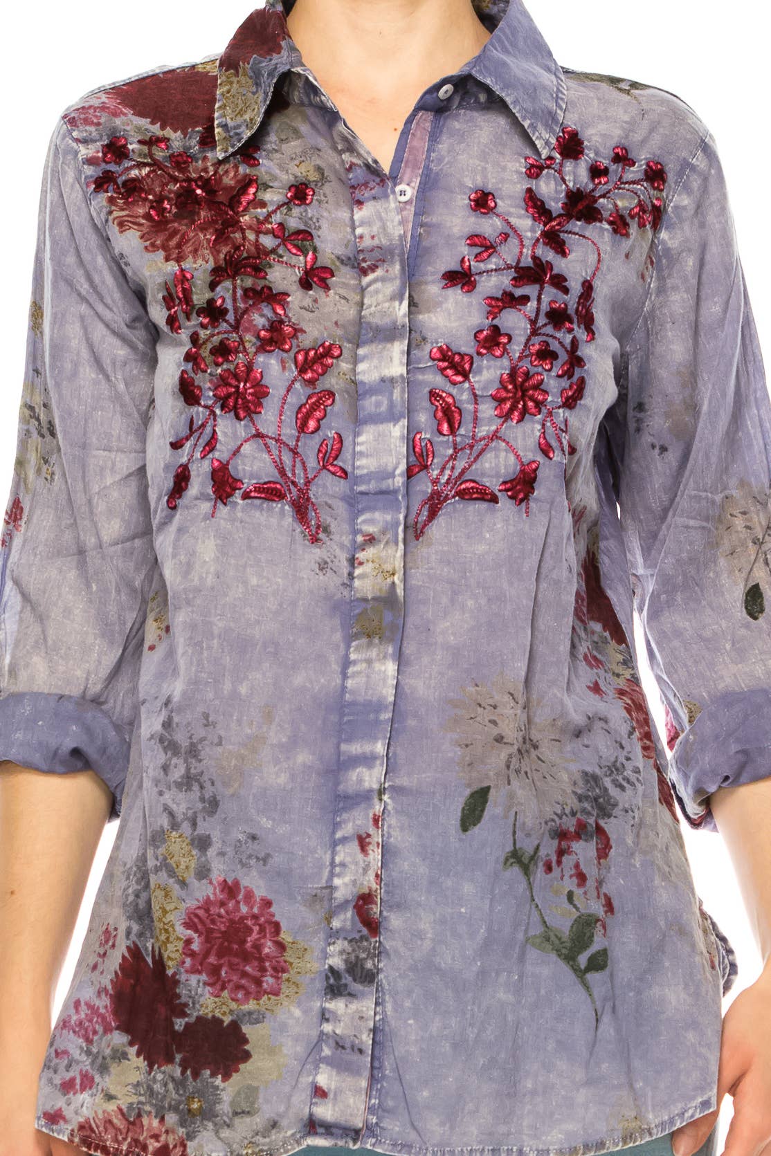 Vintage Blue Floral Printed Shirt with Embroidery