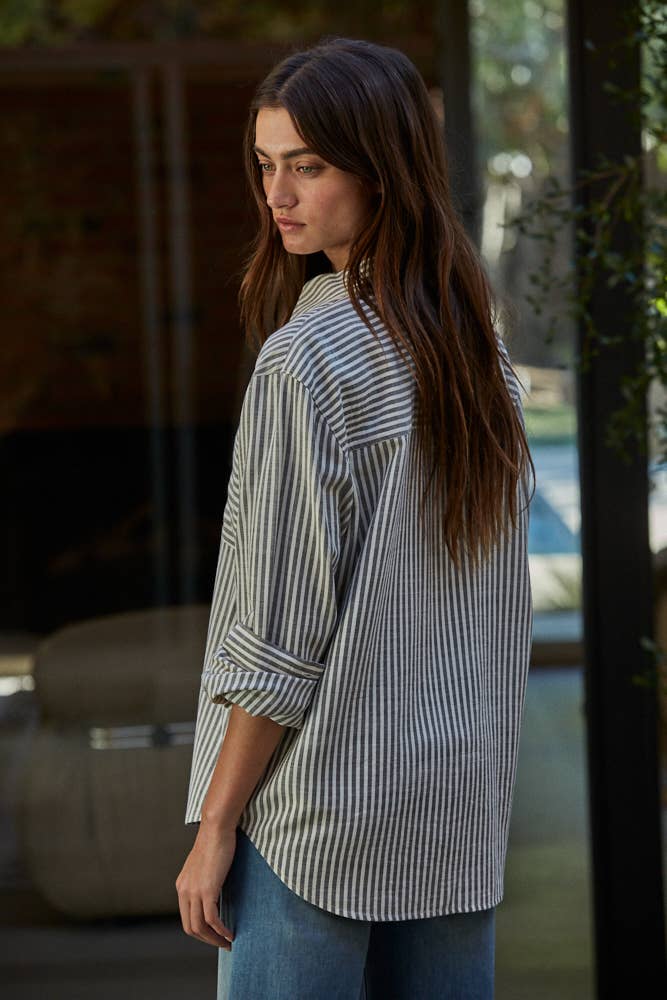 Woven Cotton Collar Neck Button Front Long Sleeve