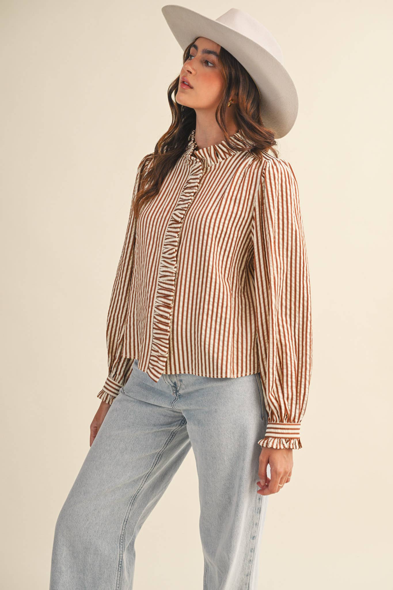 STRIPED RUFFLED BUTTON DOWN