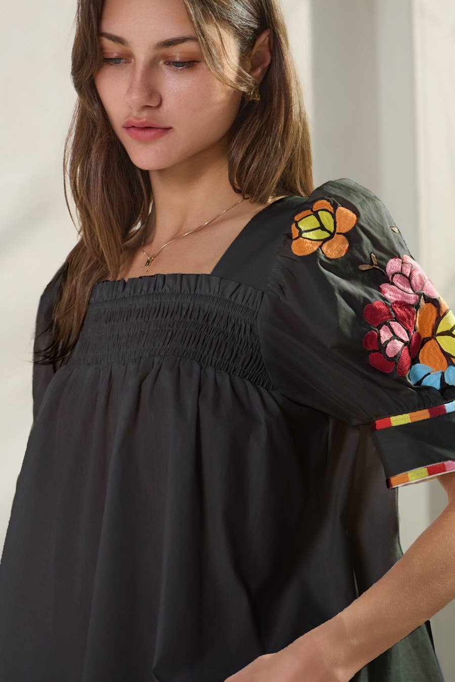 Solid Poplin Smocked Top Blouse