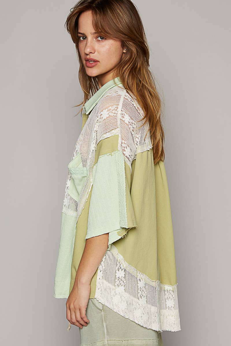 Short sleeve lace contrast button down