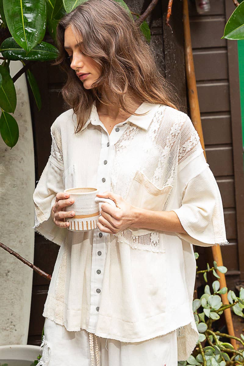 Short sleeve lace contrast button down