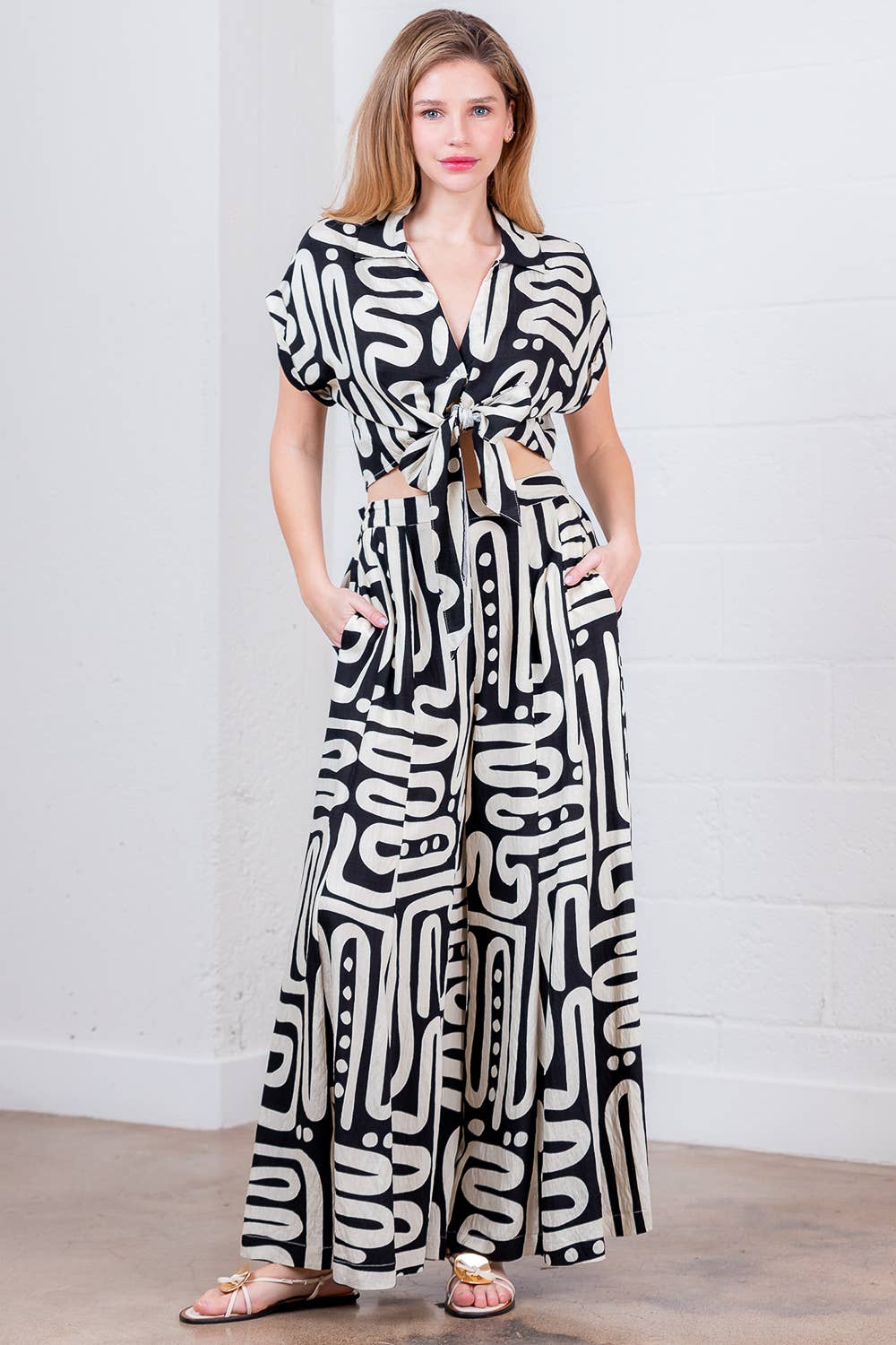 SP86355T-PRINTED PLEATED LONG PANTS