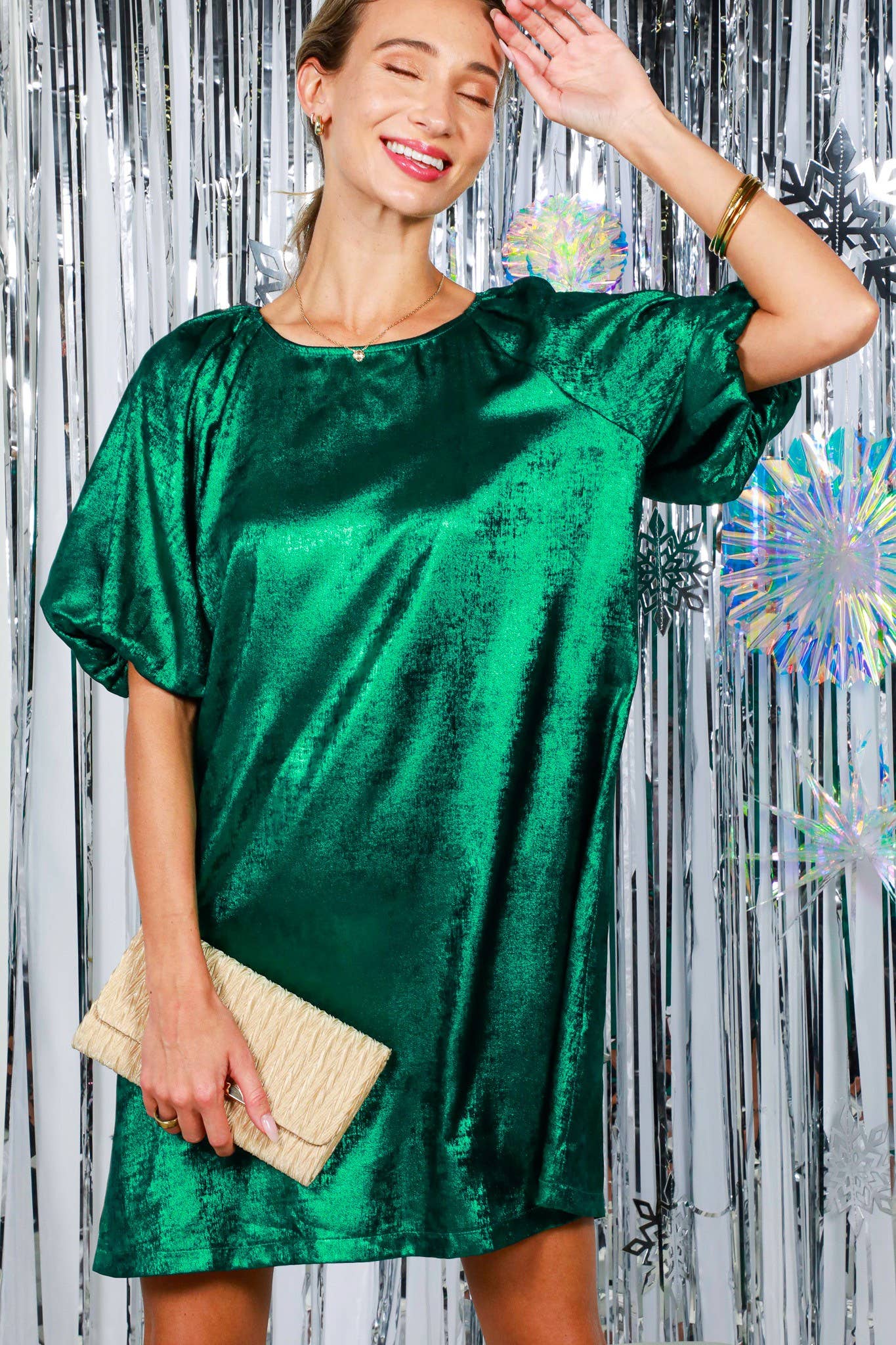 Boat Neck Metallic Foil A-Line Knee Dress