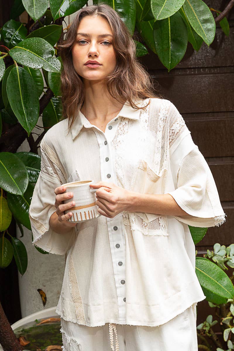 Short sleeve lace contrast button down