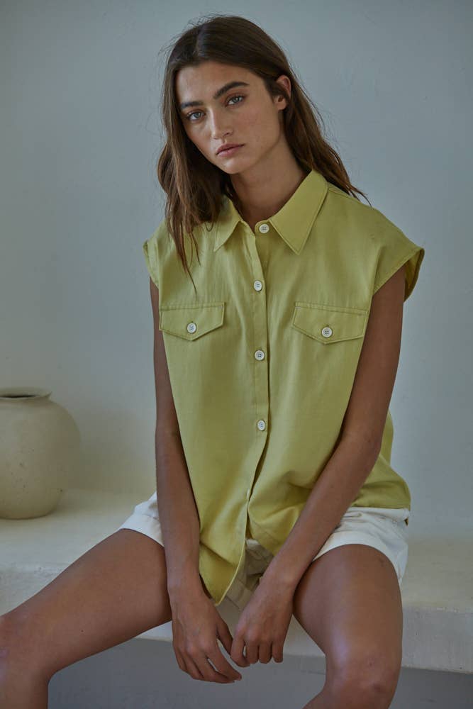 Button Down Collar Neck Sleeveless Shirt Top
