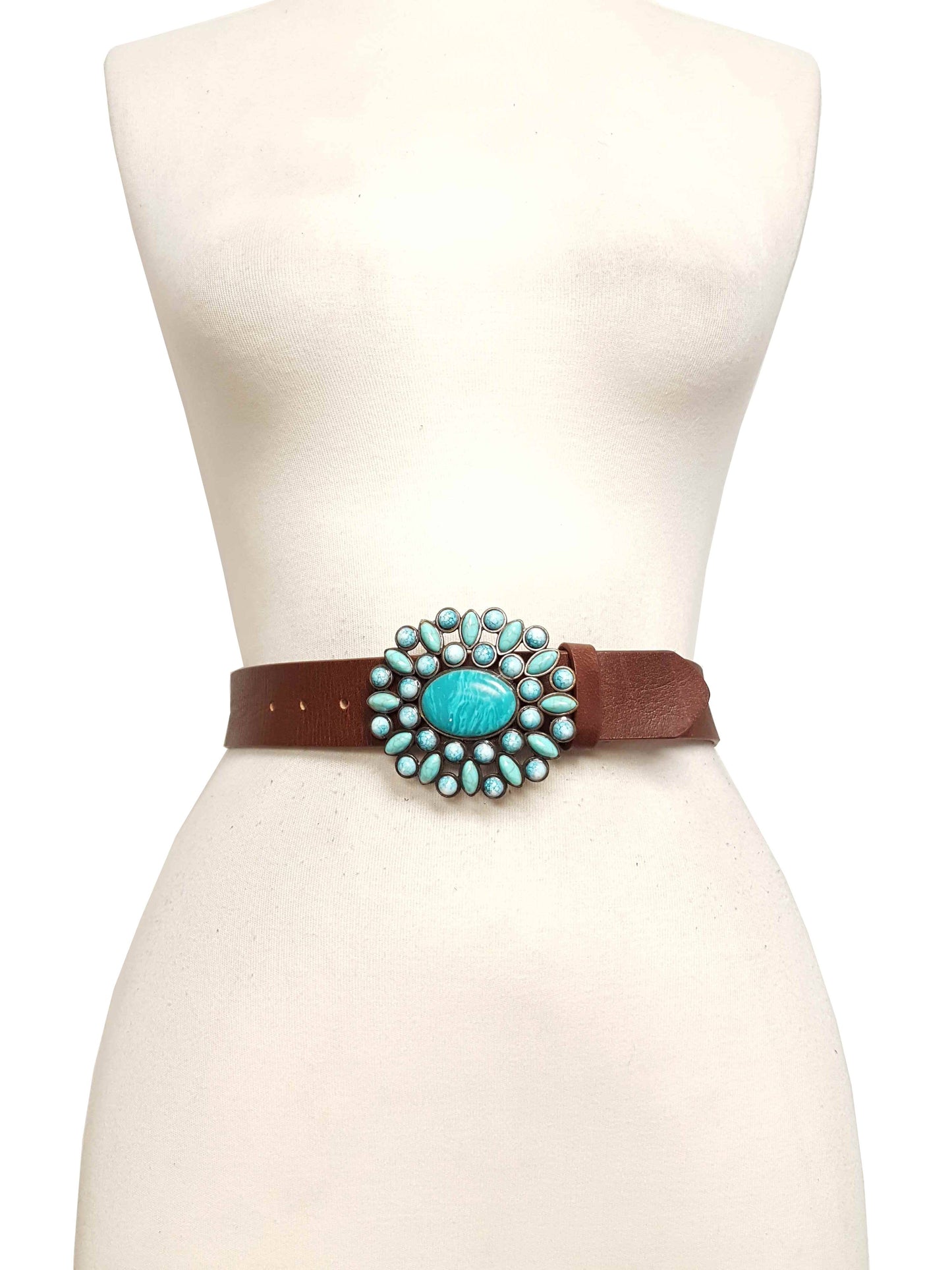 Genuine leather belt w. Western Turquoise Floral Buckle