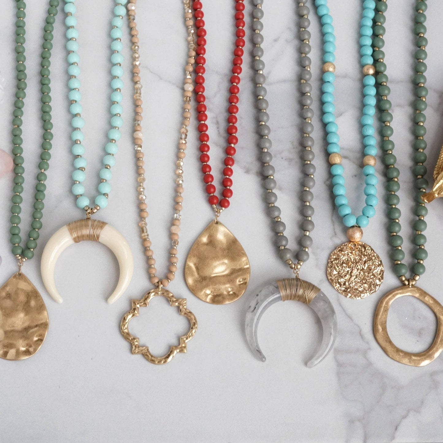 Long Wooden Bead Necklace with gold circle ring - Pink