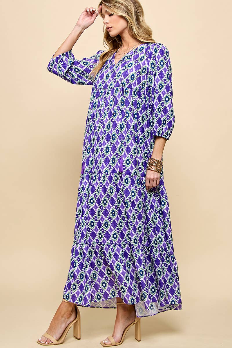 3/4 Lantern Sleeve Print Boho Maxi Dress