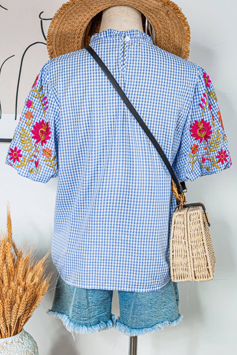 Gingham Floral Embroidered Puff Sleeve Blouse