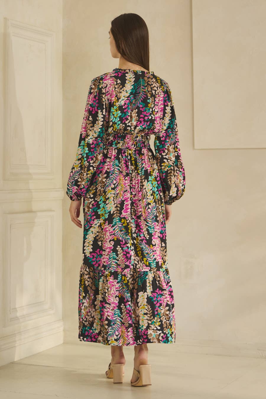 Colorful Floral Print Long Sleeve Maxi Dress