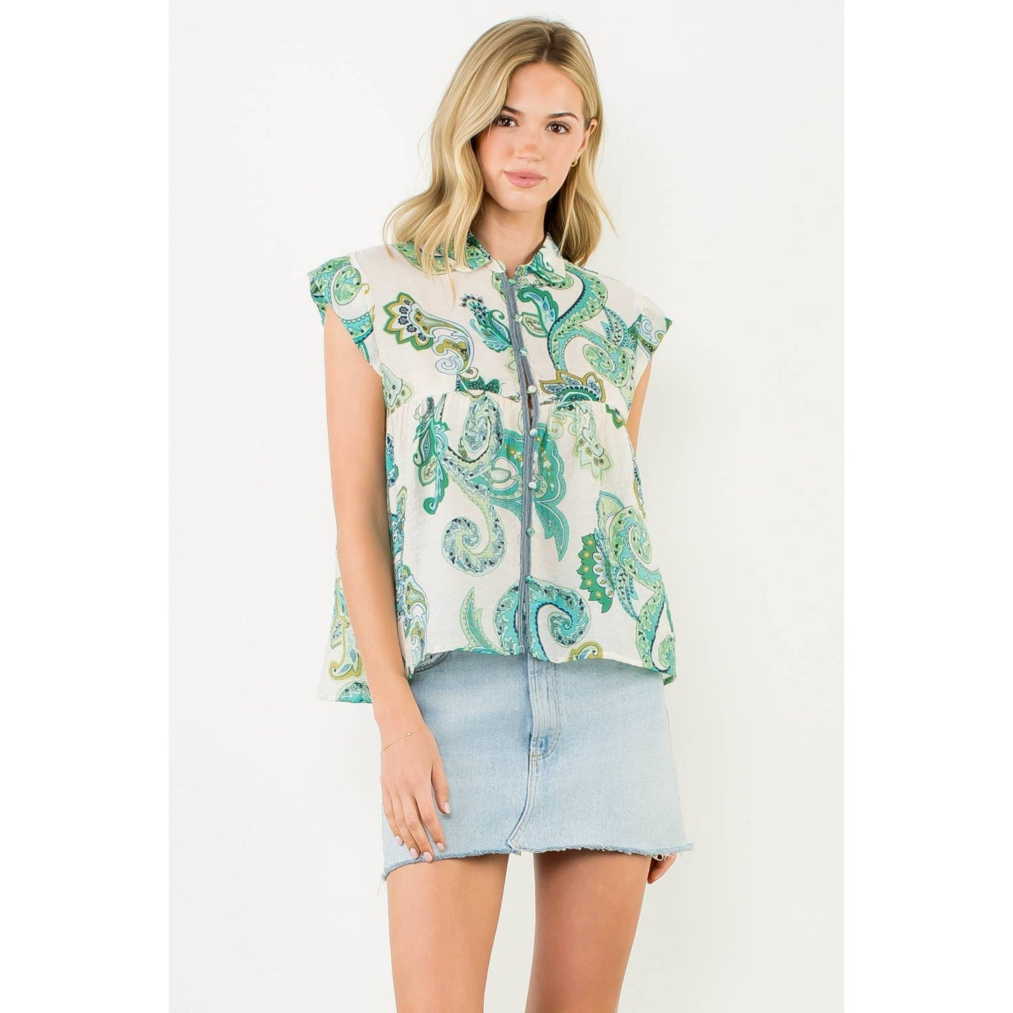 Cap Sleeve Paisley Button Down Top