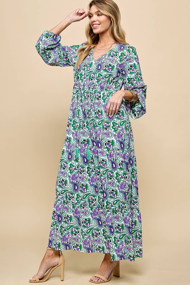 Paisley Print V neck Maxi Dress