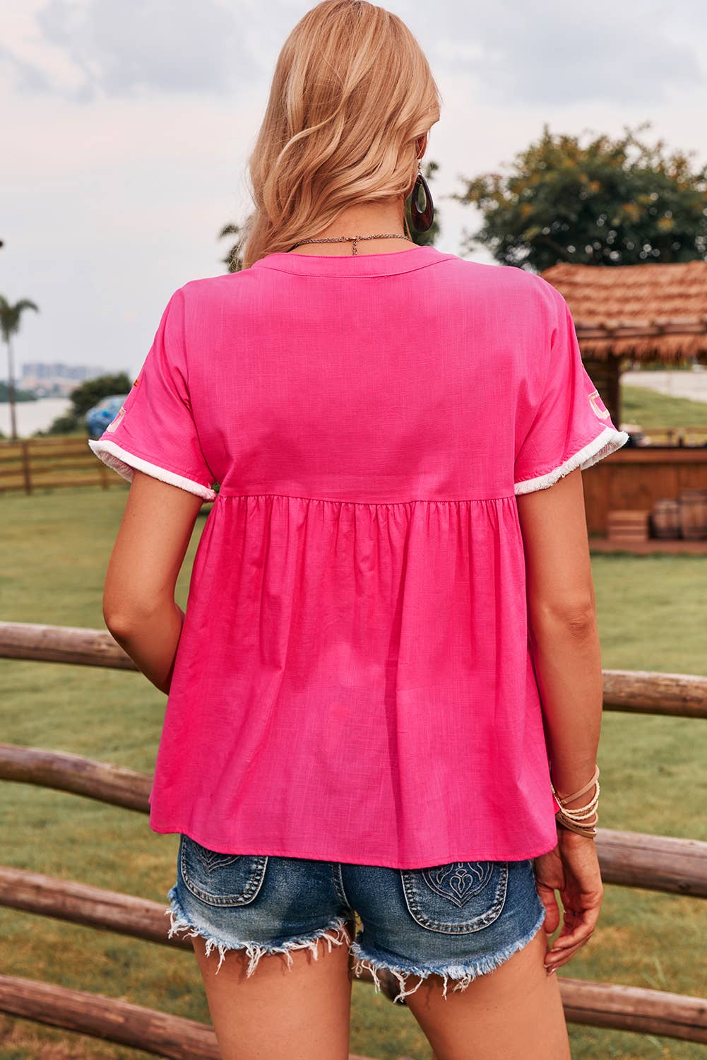 Geometric Embroidered Tassel Tie V Neck Blouse