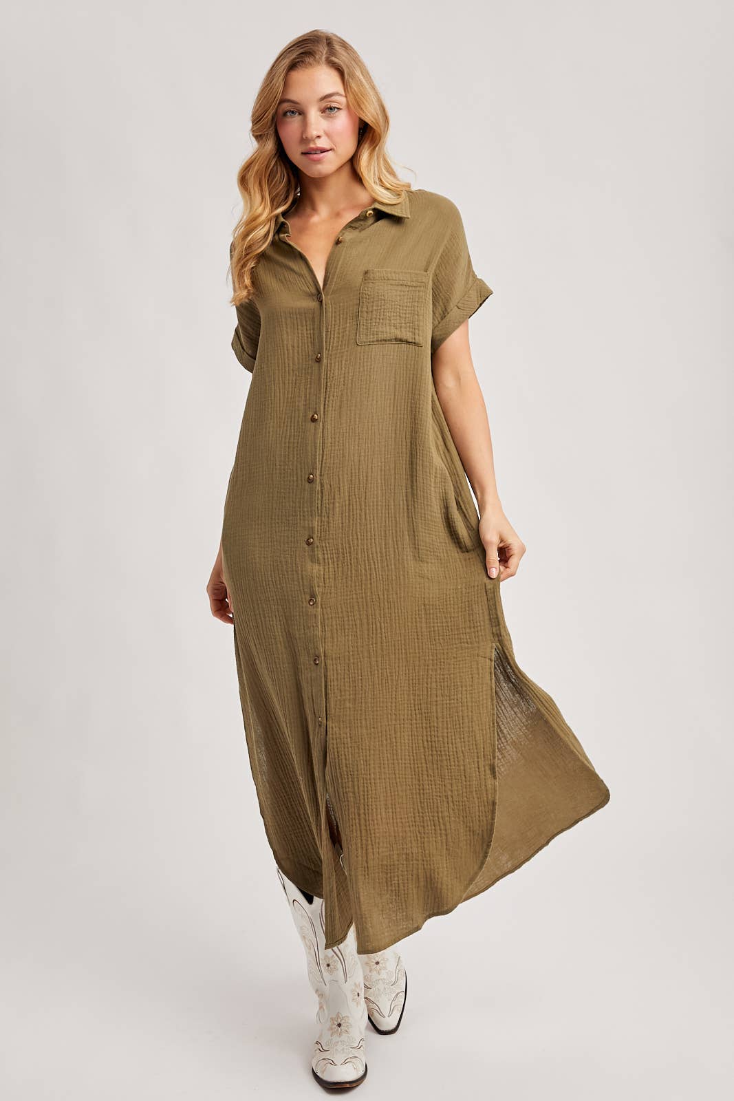 BUTTON UP MAXI SHIRT DRESS WITH POCKET