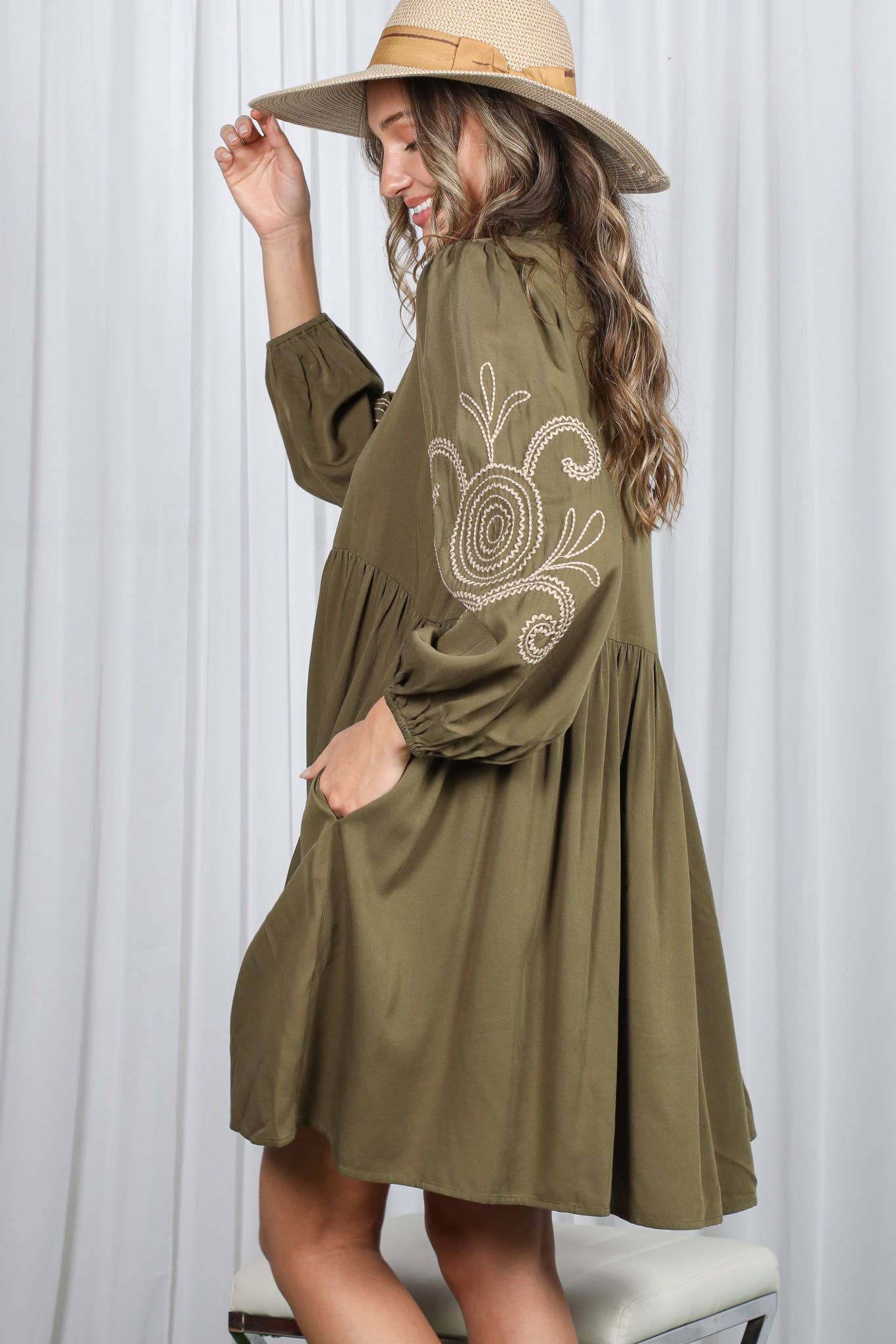 Paisley Embroidered V-Neck Baby Doll Mini Dress