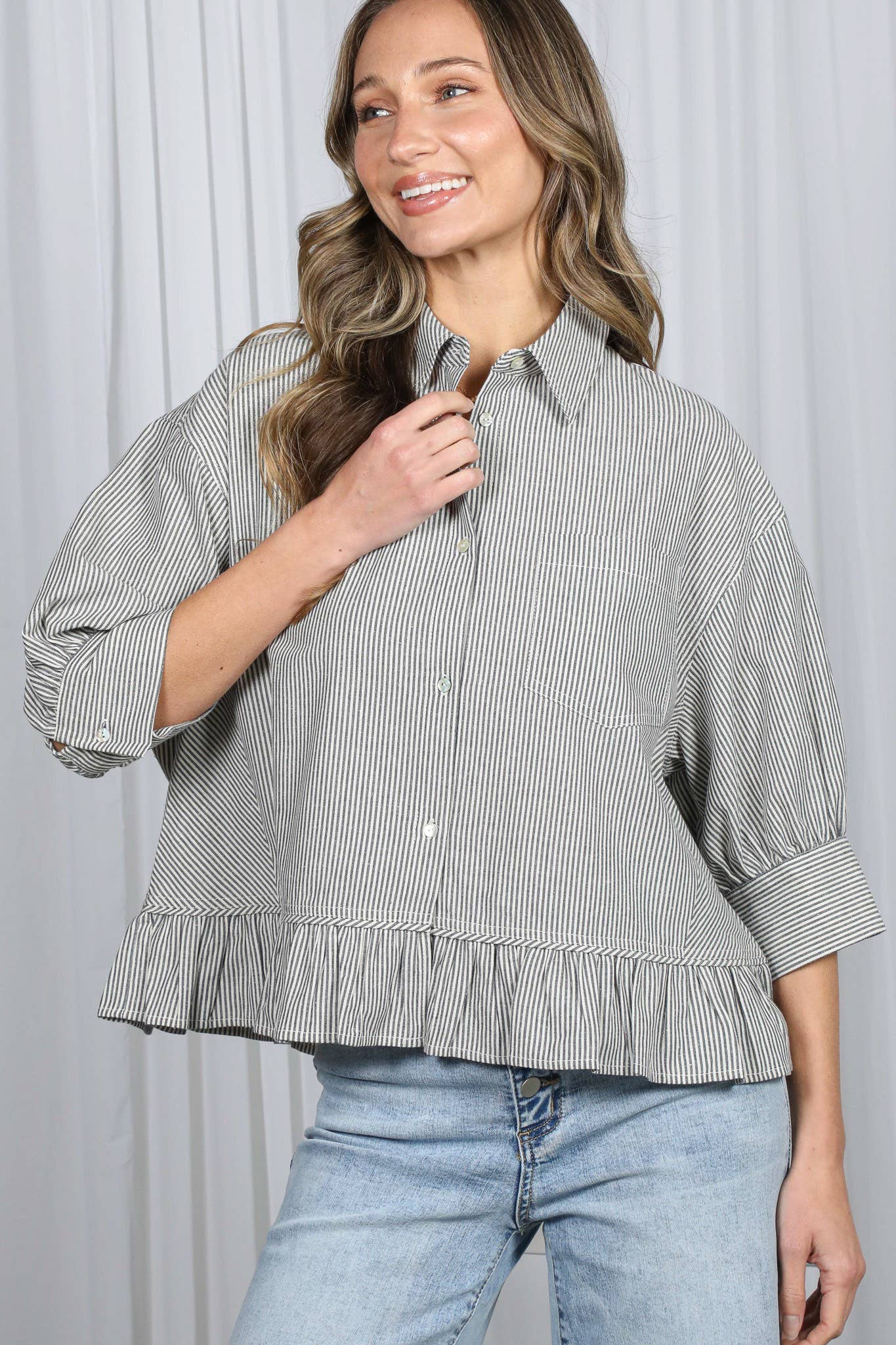 Pocket Detail Ruffle HemStriped Shirt
