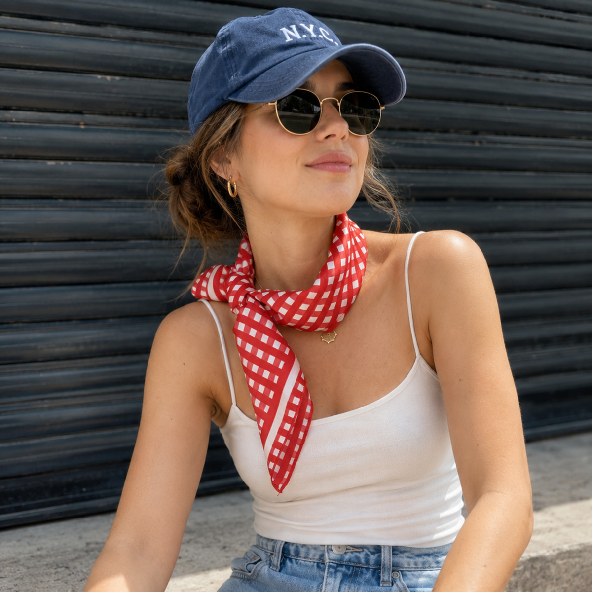 French Picnic Red Gingham Satin Silk Square Scarf