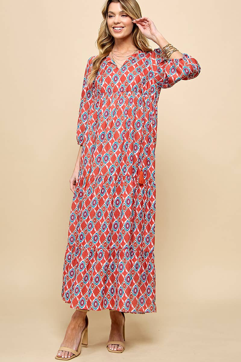 3/4 Lantern Sleeve Print Boho Maxi Dress