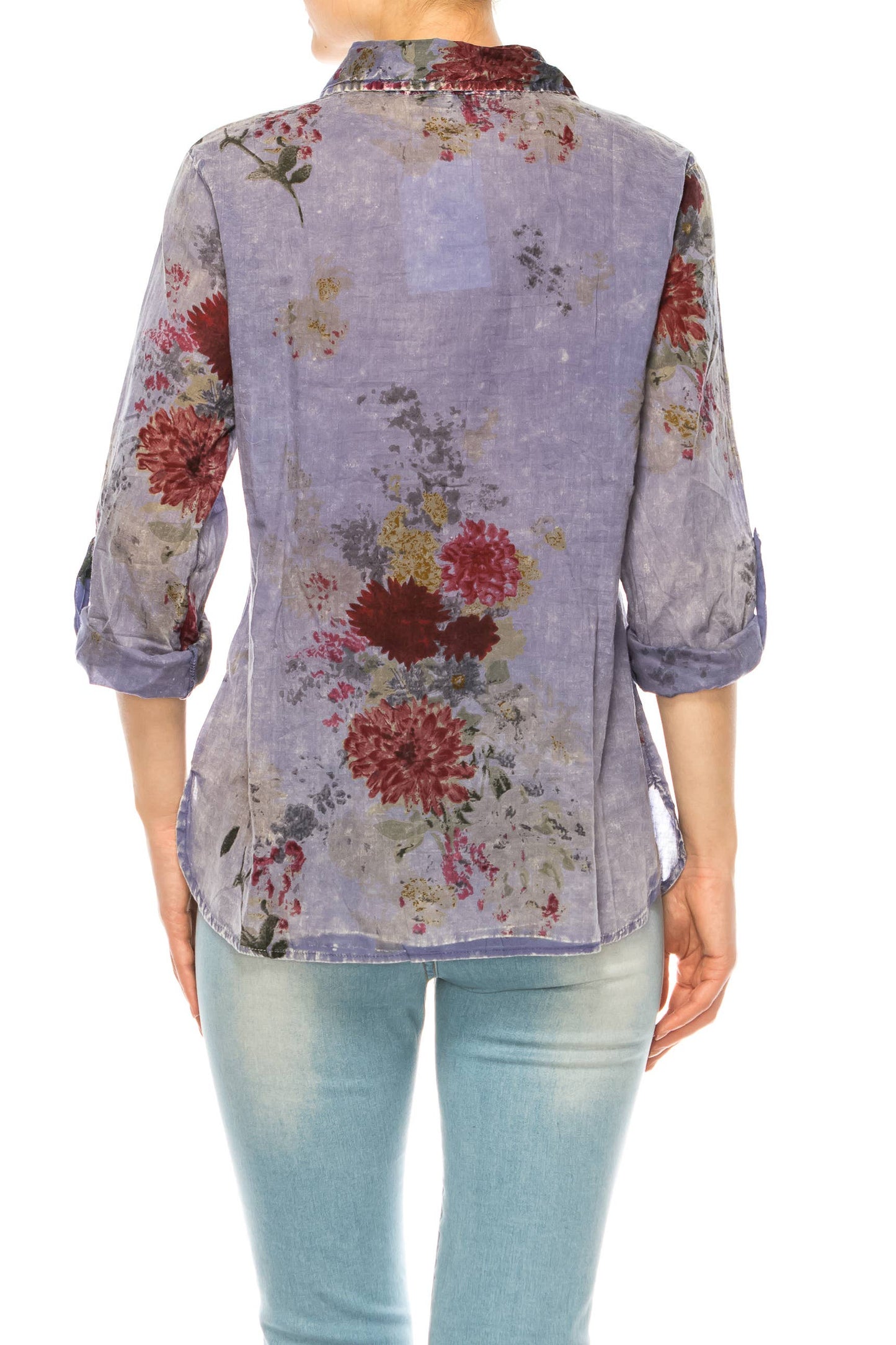 Vintage Blue Floral Printed Shirt with Embroidery