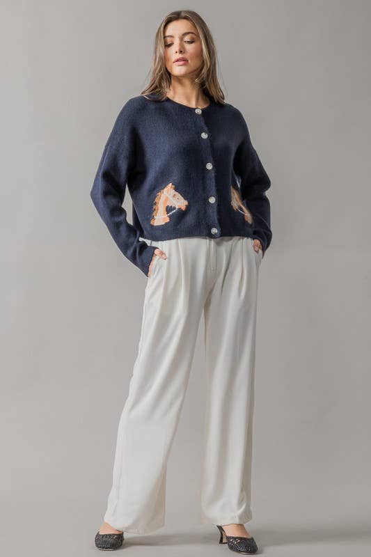 Horse Graphic Button Front Cropped Cardigan