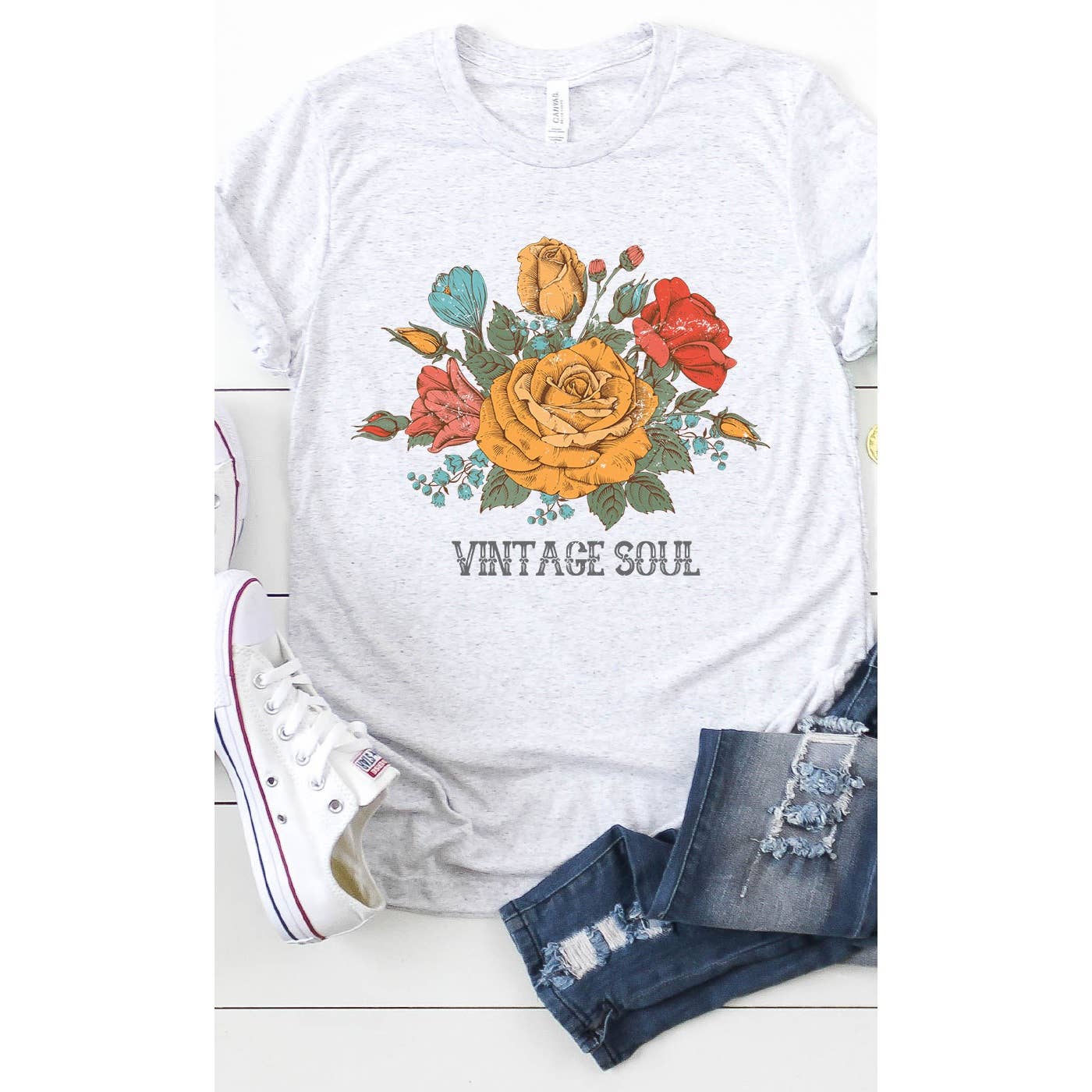 Vintage Soul Floral Rose Spring Flower Bouquet Plus Size Tee