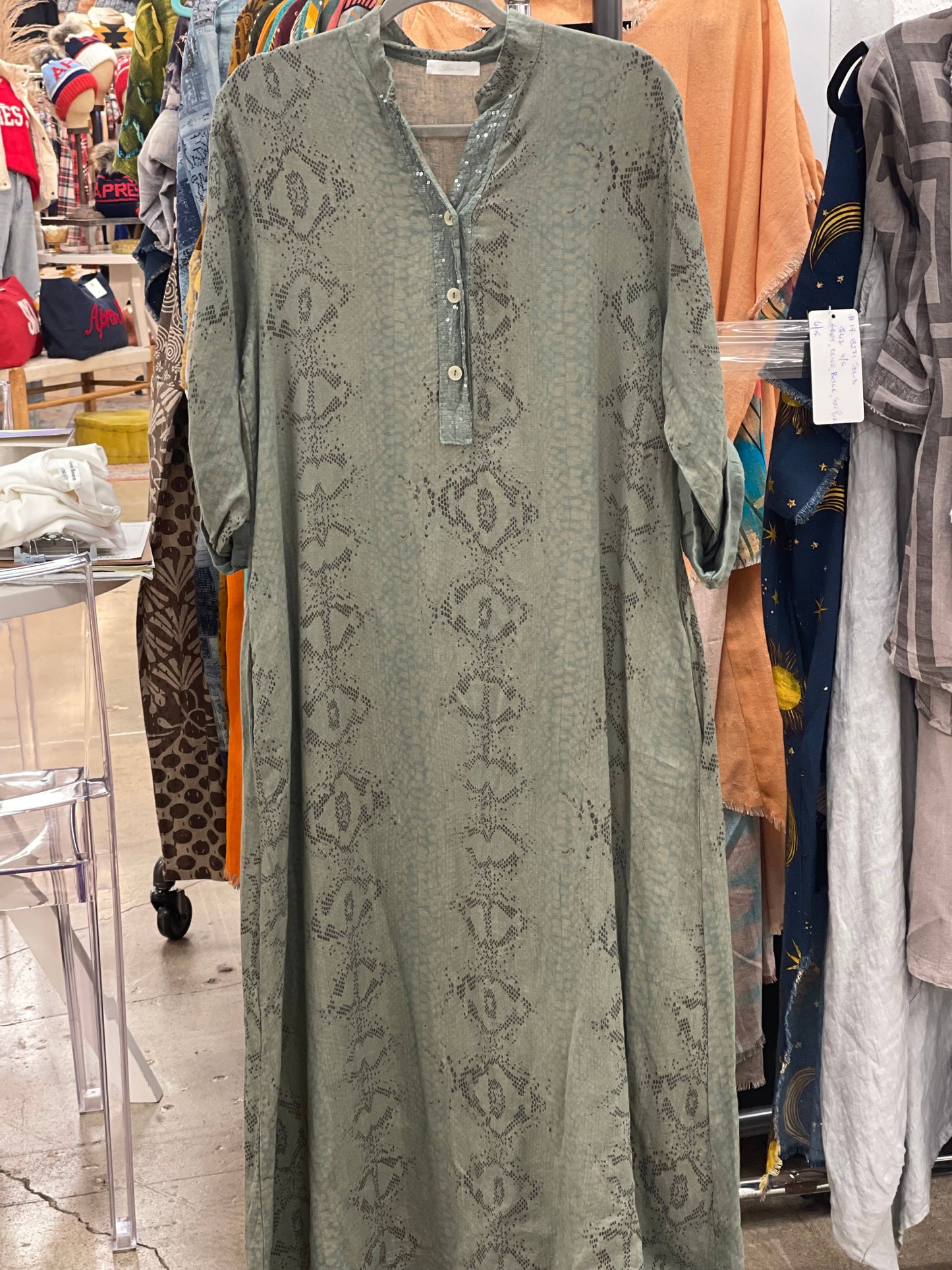 Snake Print Tunic Dress with Sequins and Buttons