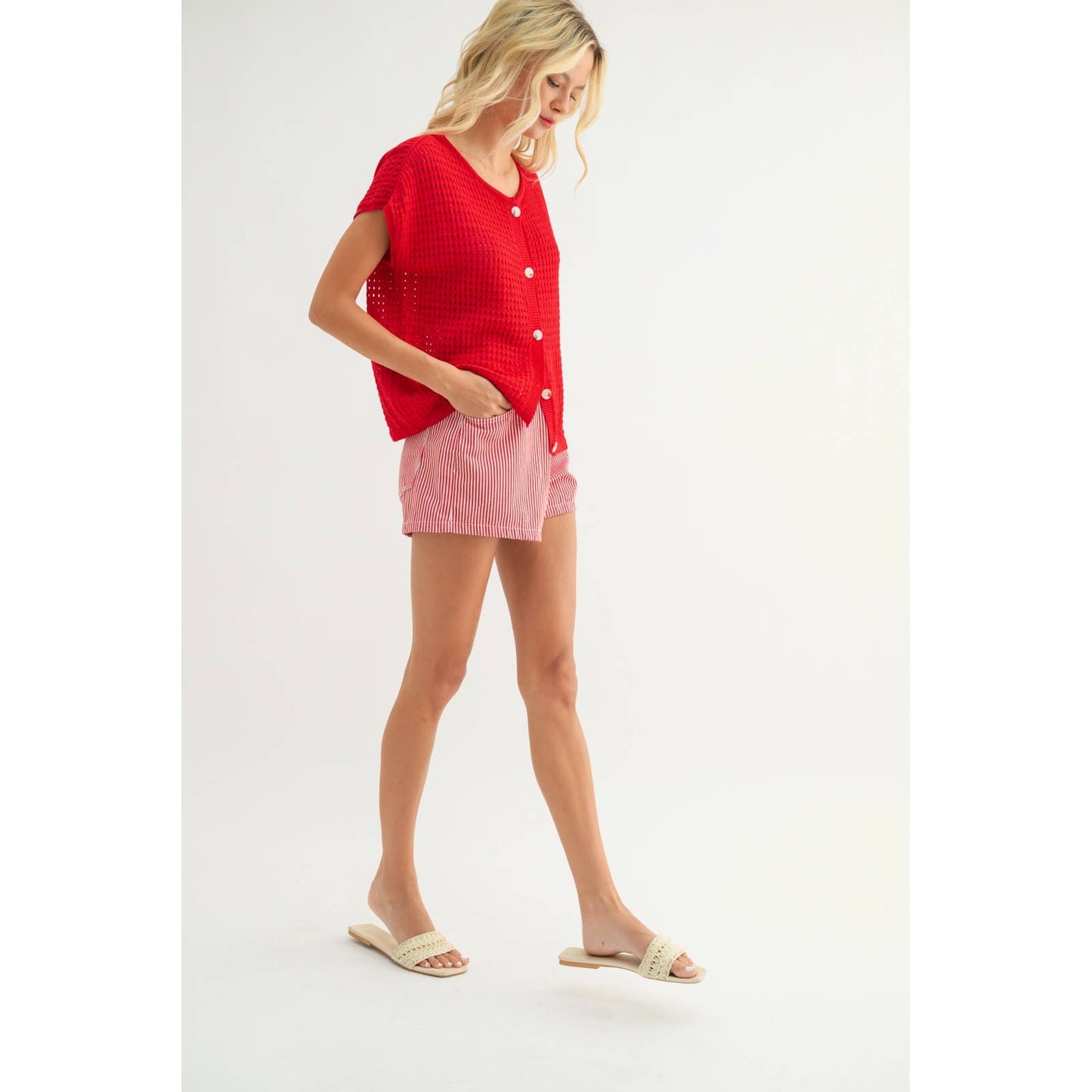 OPEN-KNIT BUTTON-UP SWEATER TOP