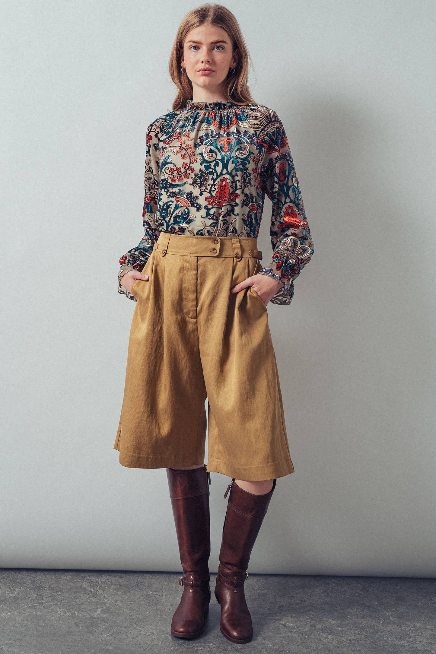 Burnout Velvet Smocked Mock Neck Blouse
