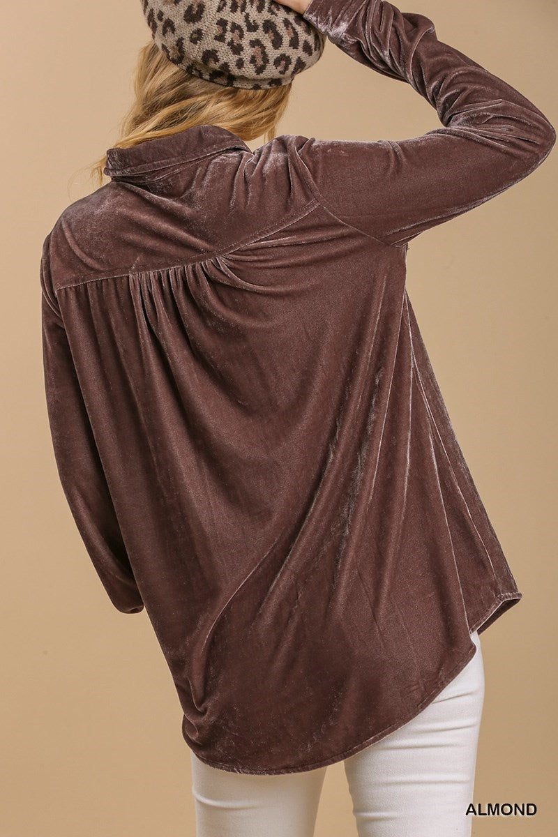 Long Sleeve Velvet Button Up Top with Pockets