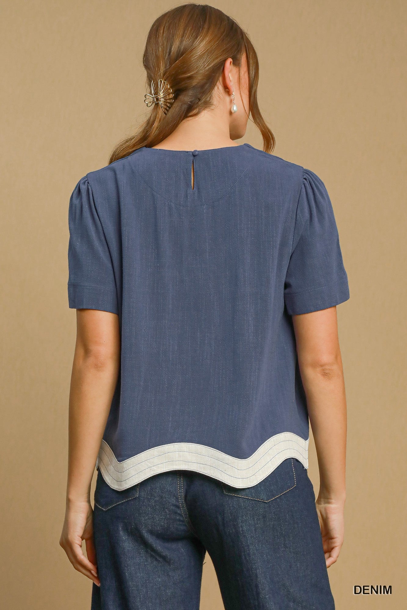 Linen Blend Scalloped Hem Top