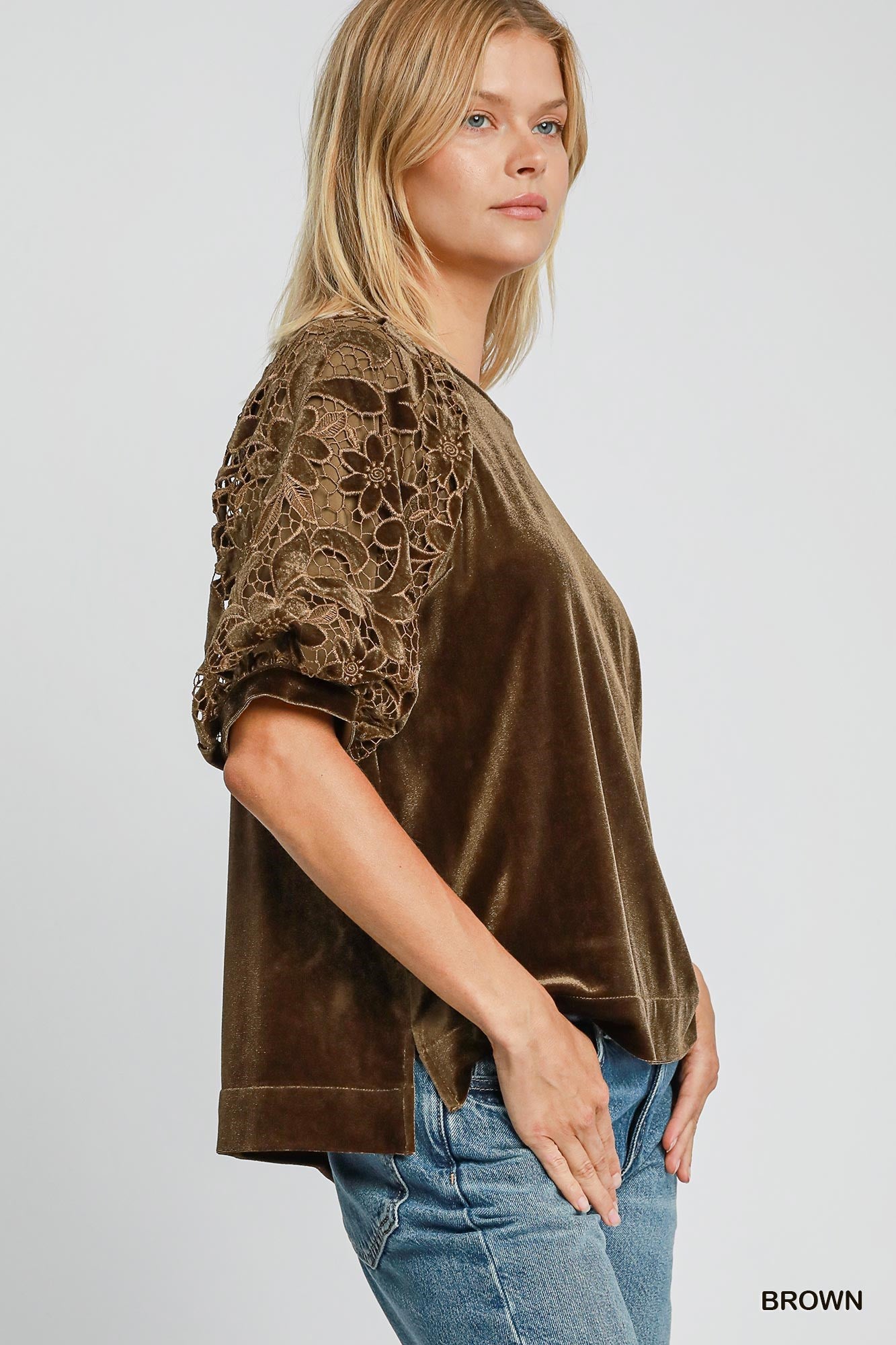Velvet top with Floral Lace Sleeve