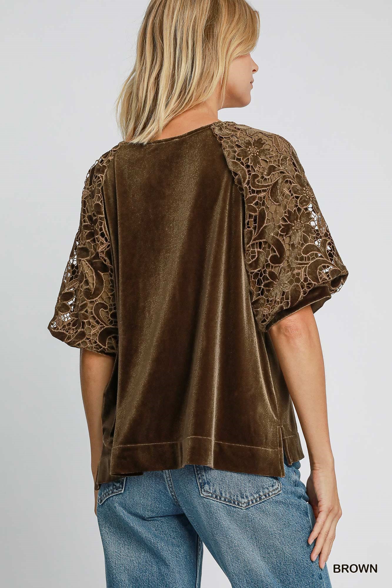Velvet top with Floral Lace Sleeve